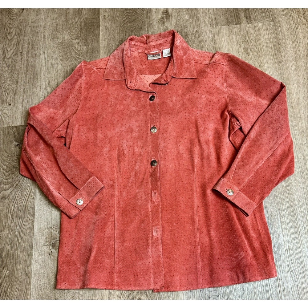 Chicos Women's Leather Button‎ Down Jacket Shirt Coral Size 2
